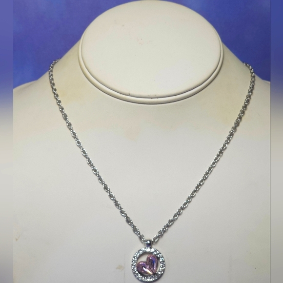Charter Club Silver-Tone Pink Heart Rhinestone Necklace - Picture 1 of 6